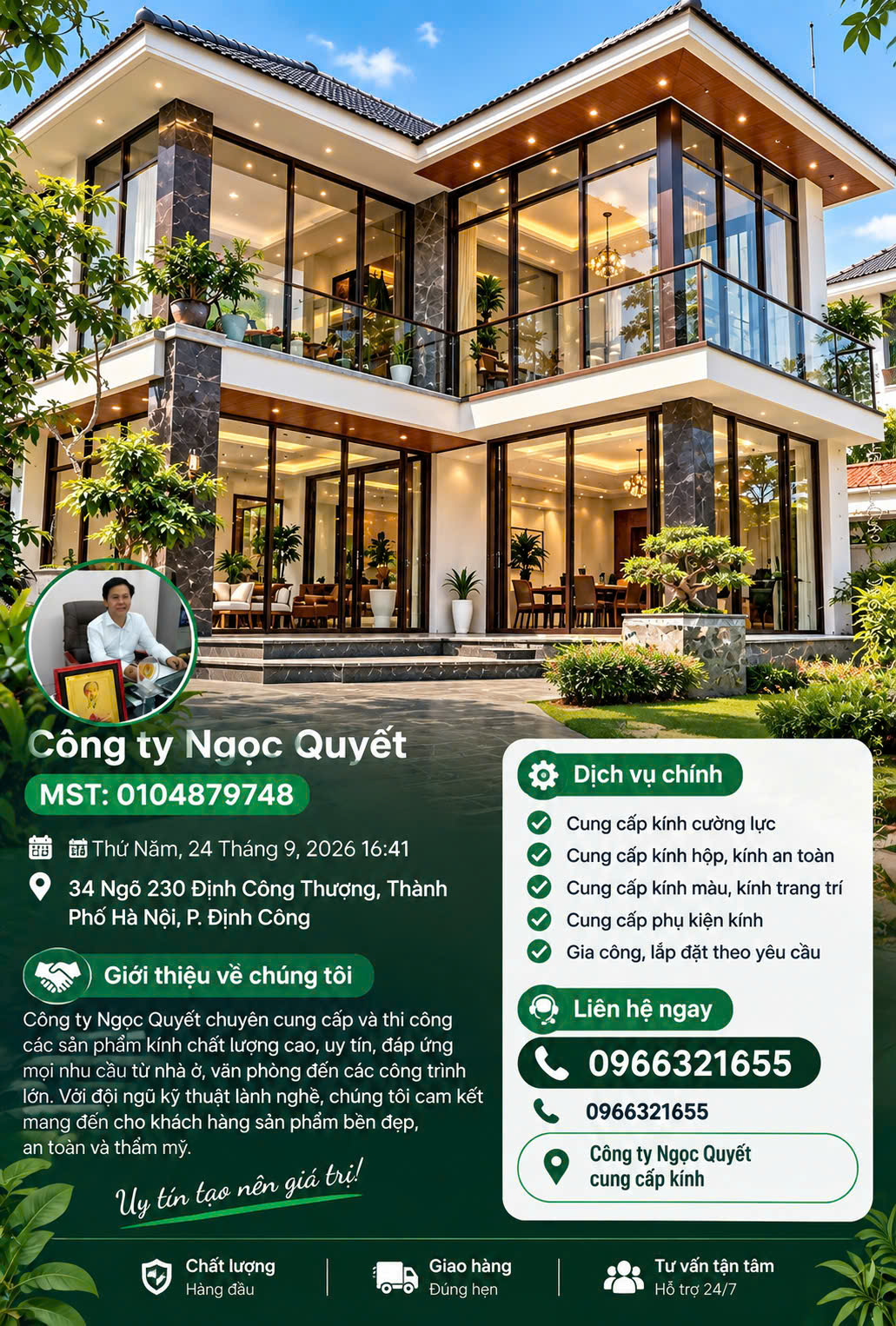 Công ty Ngọc Quyết cung cấp và thi công kính cho nhà hiện đại nhiều cửa kính lớn ở Hà Nội